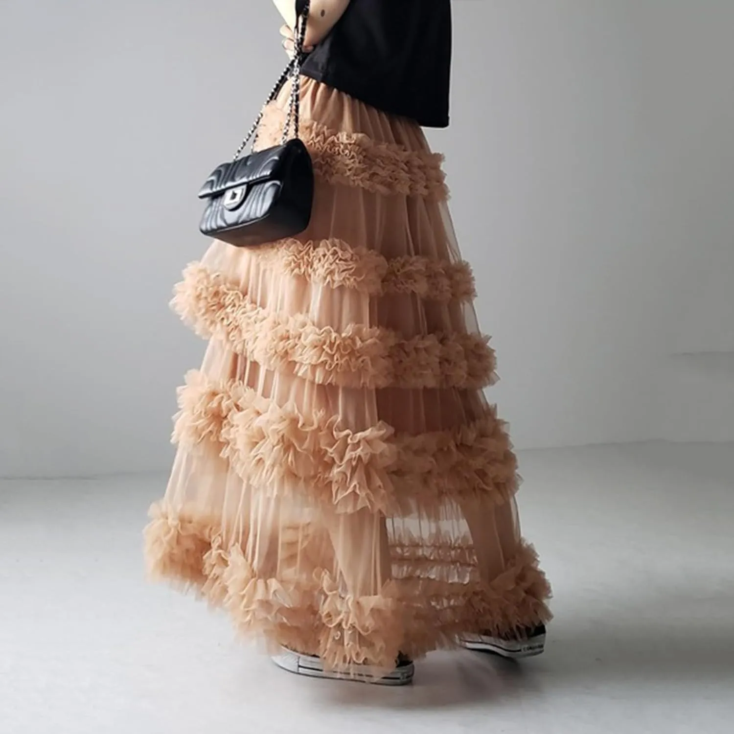 Women Tulle Long Skirt High Waist Layered Sheer Mesh Tutu Skirt Flowy Tiered A-Line Tulle Skirt for Wedding Party