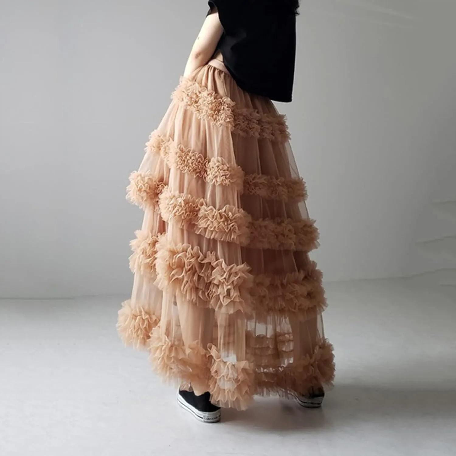 Women Tulle Long Skirt High Waist Layered Sheer Mesh Tutu Skirt Flowy Tiered A-Line Tulle Skirt for Wedding Party