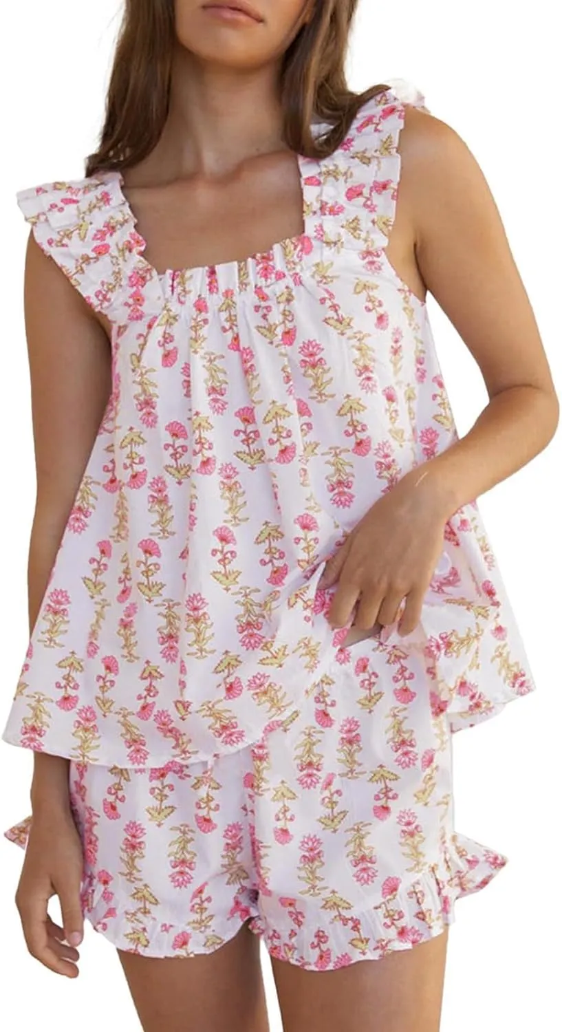Women Y2k Floral Pajama Set Ruffle Trim Babydoll Tank Top and Shorts Loose 2 Piece Lounge Pjs Set Sleepwear