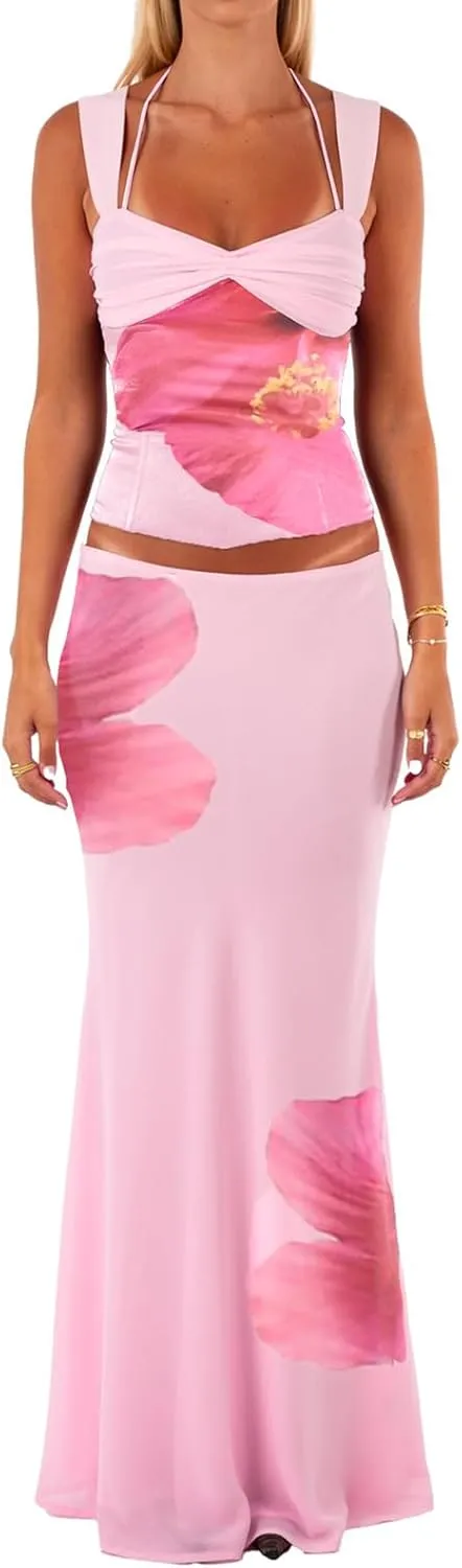 Women Y2k Maxi Skirt Set Floral Print Sleeveless Tank Top and Bodycon Long Skirt Summer 2 Piece Beach Outfits