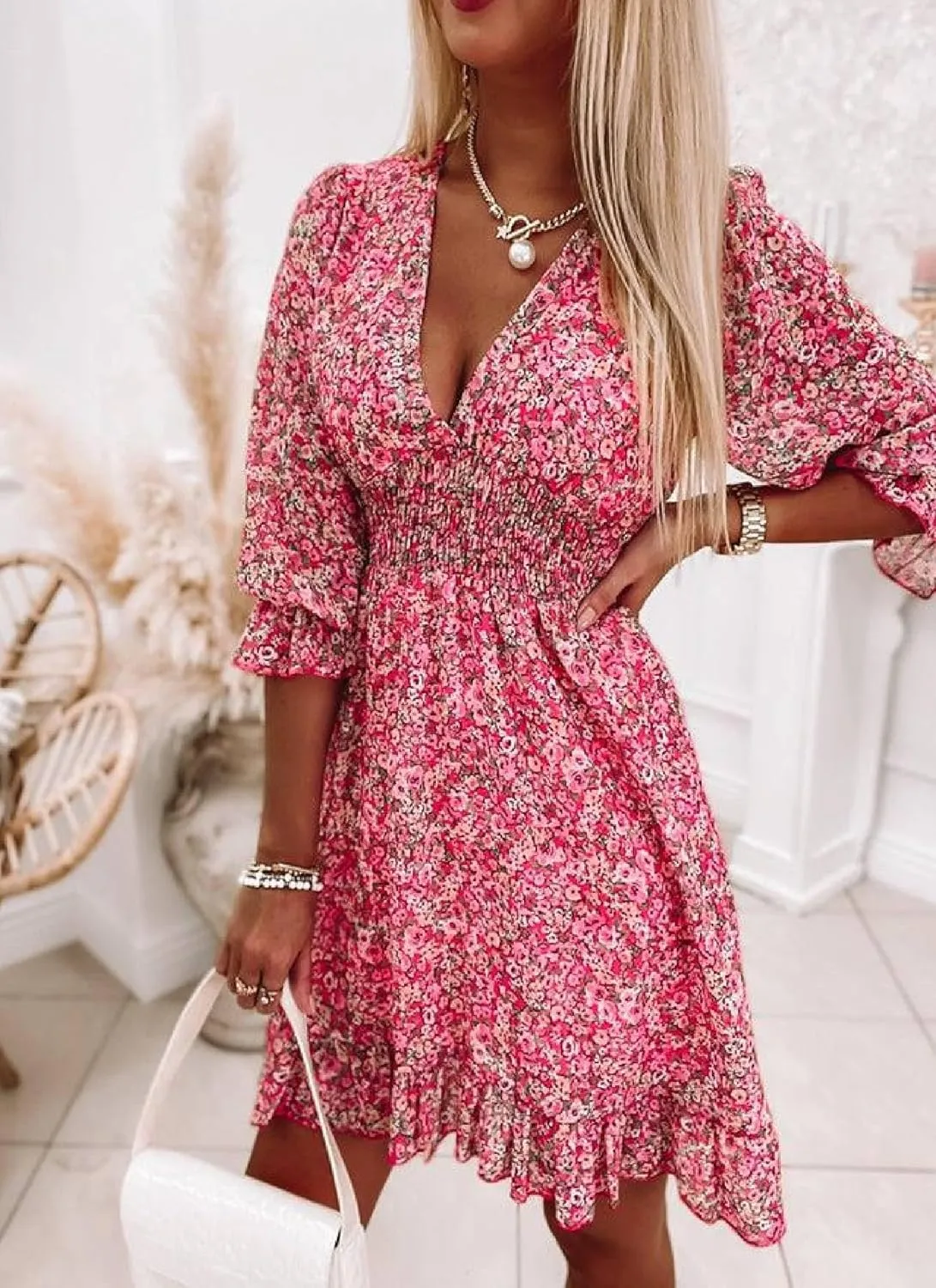 Women's 2025 Summer Floral Print Mini Dress Elegant Smocked Ruffle Chiffon Dress Flowy Boho Sundresses