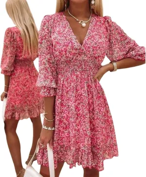 Women's 2025 Summer Floral Print Mini Dress Elegant Smocked Ruffle Chiffon Dress Flowy Boho Sundresses