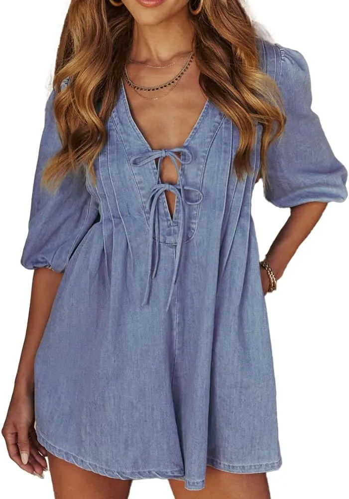 Womens 2025 Summer Short Sleeve Tie Front V Neck Jean Romper Denim Shorts Jumpsuit with Two Side Pockets