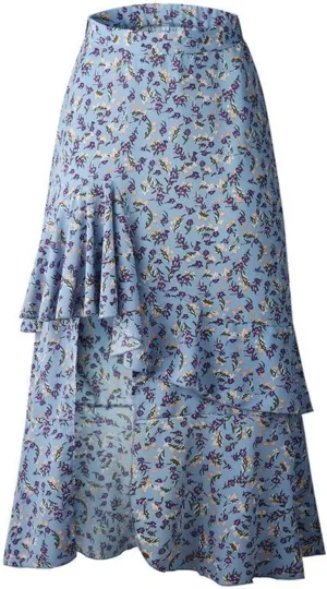 Women's Boho Floral Wrap Maxi Skirt Elastic Tiered Ruffle Polka Dot Pleated Midi Skirt High Waisted Long Swing Skirt (Medium,Blue 1)