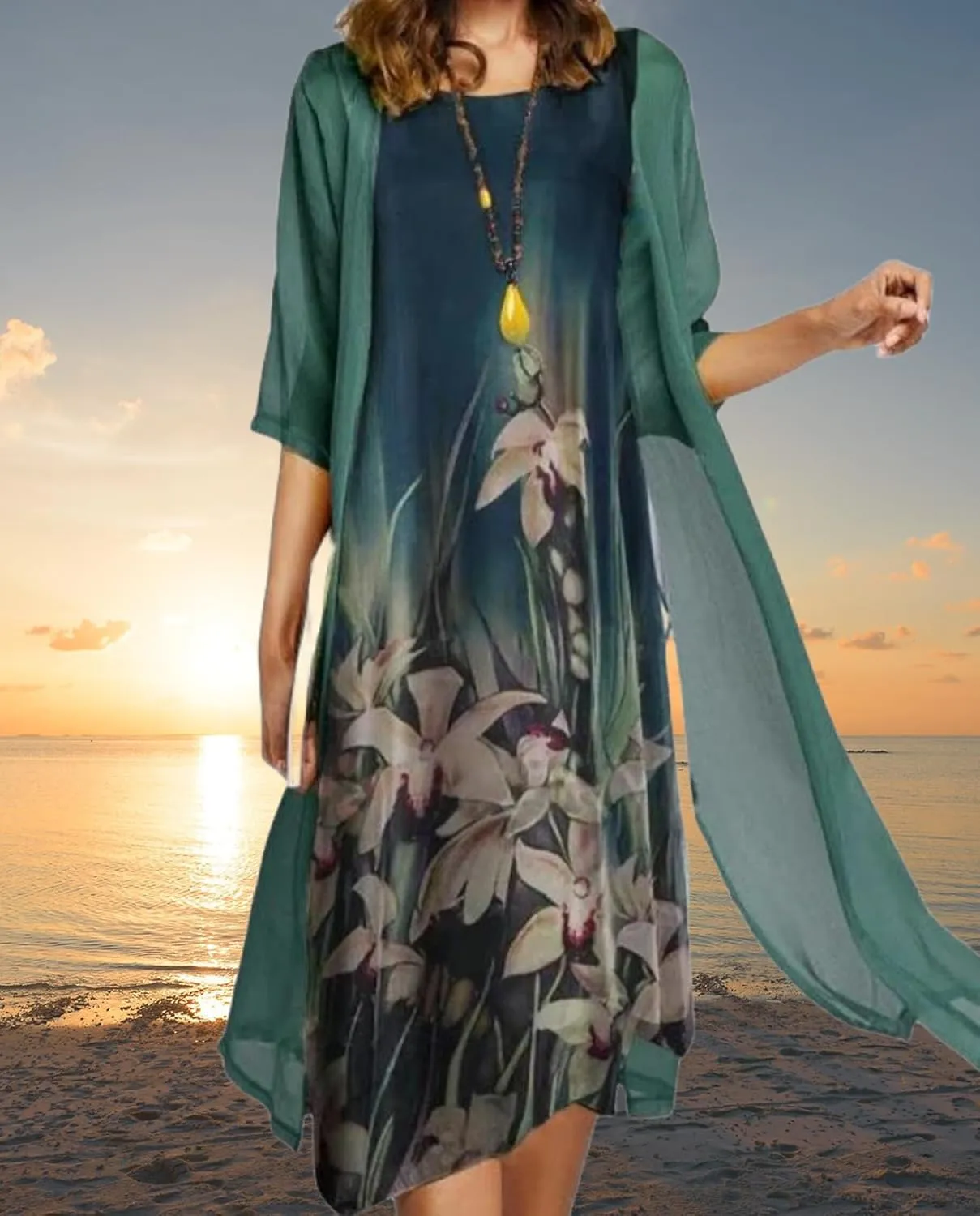 Women's Casual 2 Piece Sets Floral Printed Maxi Dress with Cardigan Set Chiffon Wedding Guest Cocktail Dresses