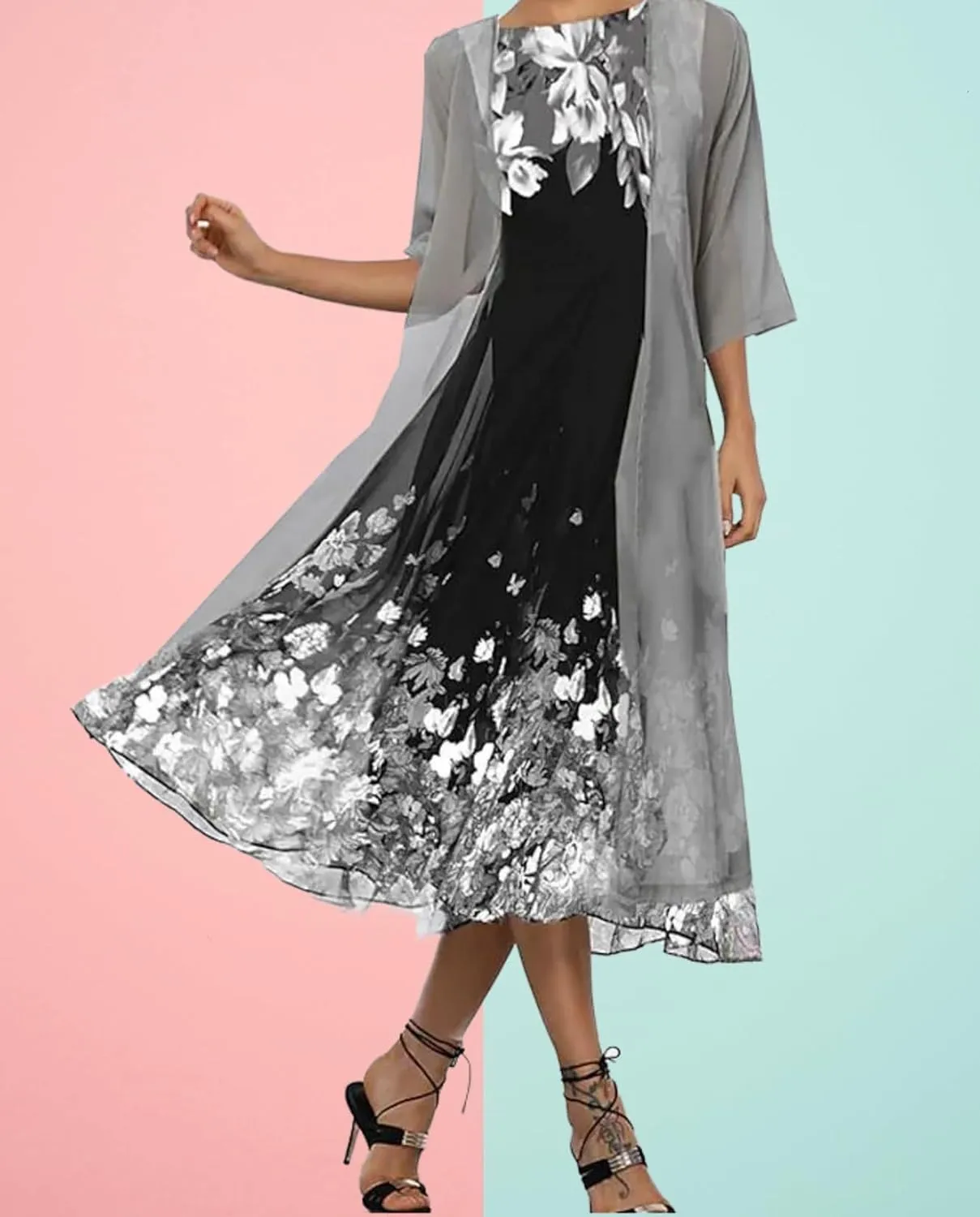 Women's Casual 2 Piece Sets Floral Printed Maxi Dress with Cardigan Set Chiffon Wedding Guest Cocktail Dresses