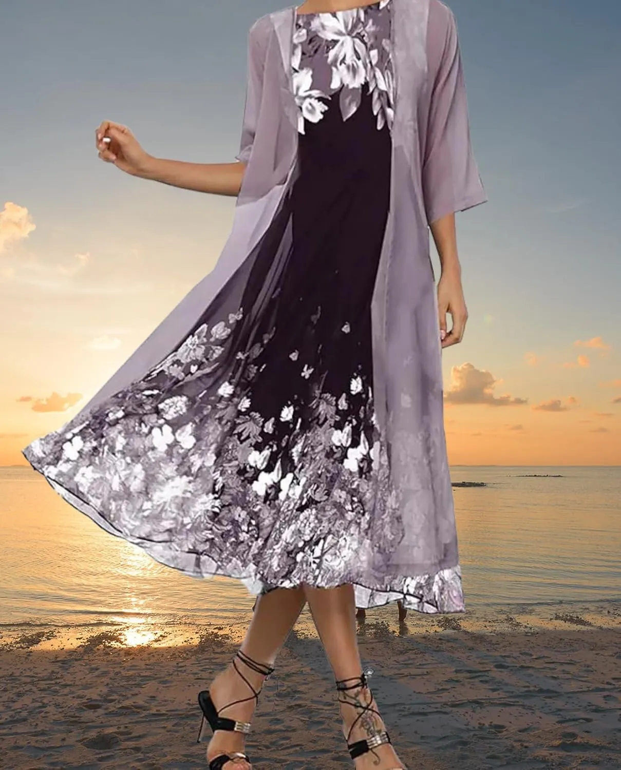 Women's Casual 2 Piece Sets Floral Printed Maxi Dress with Cardigan Set Chiffon Wedding Guest Cocktail Dresses