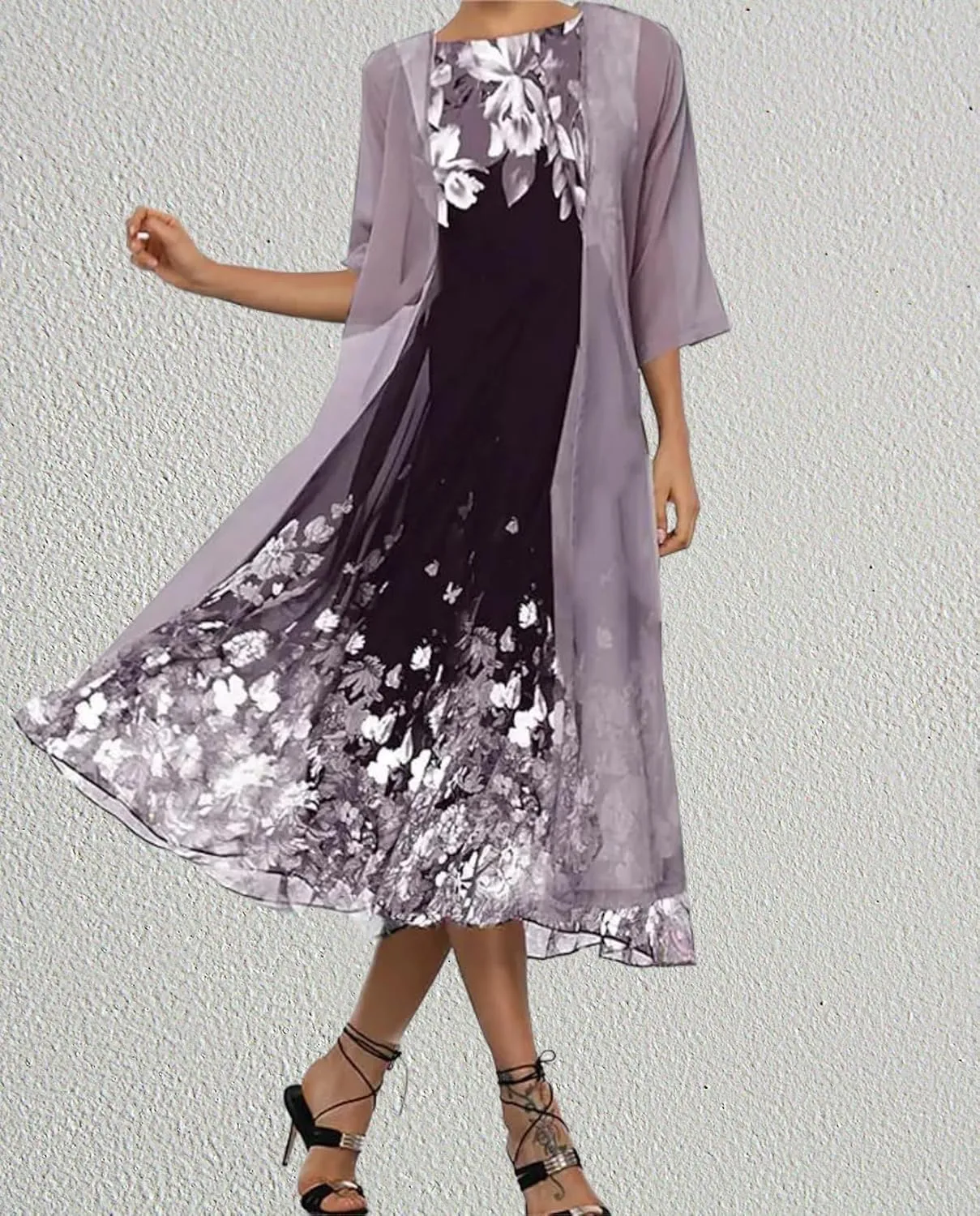 Women's Casual 2 Piece Sets Floral Printed Maxi Dress with Cardigan Set Chiffon Wedding Guest Cocktail Dresses