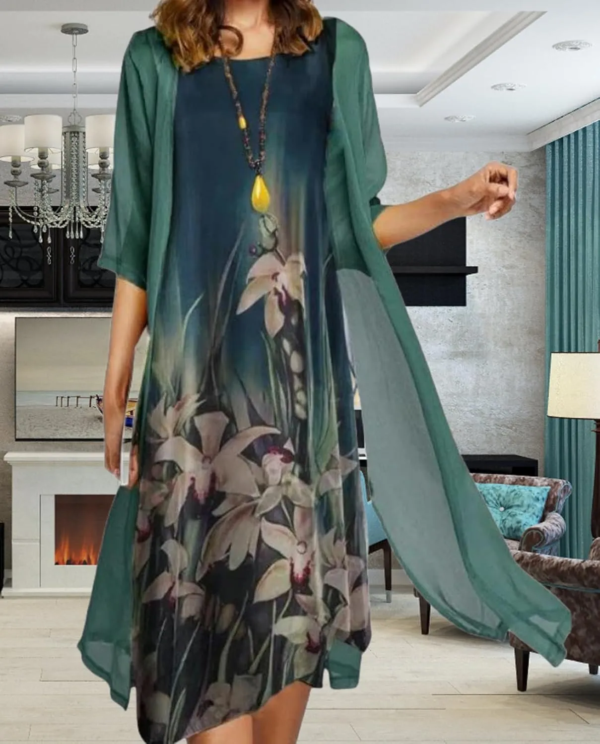 Women's Casual 2 Piece Sets Floral Printed Maxi Dress with Cardigan Set Chiffon Wedding Guest Cocktail Dresses
