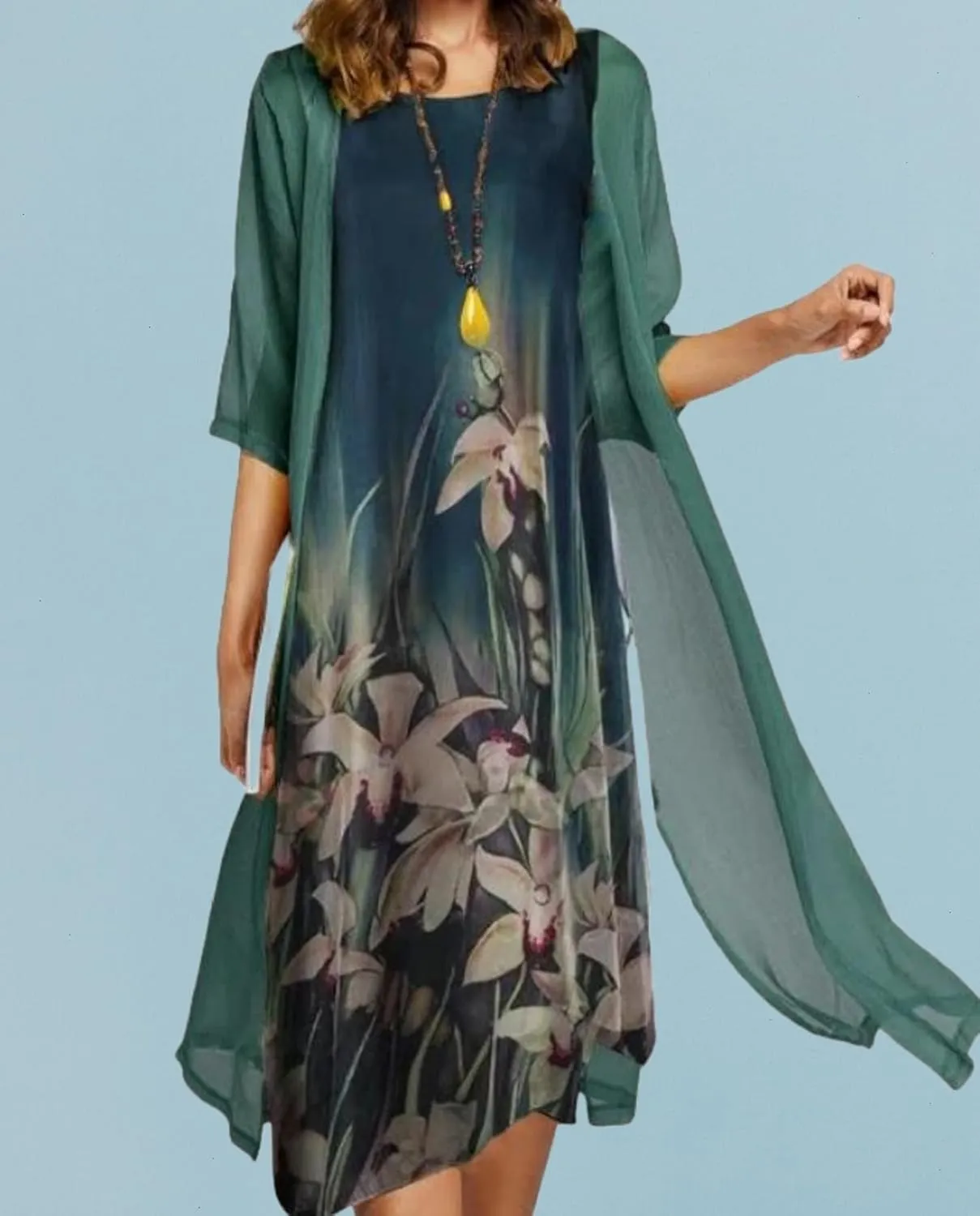 Women's Casual 2 Piece Sets Floral Printed Maxi Dress with Cardigan Set Chiffon Wedding Guest Cocktail Dresses