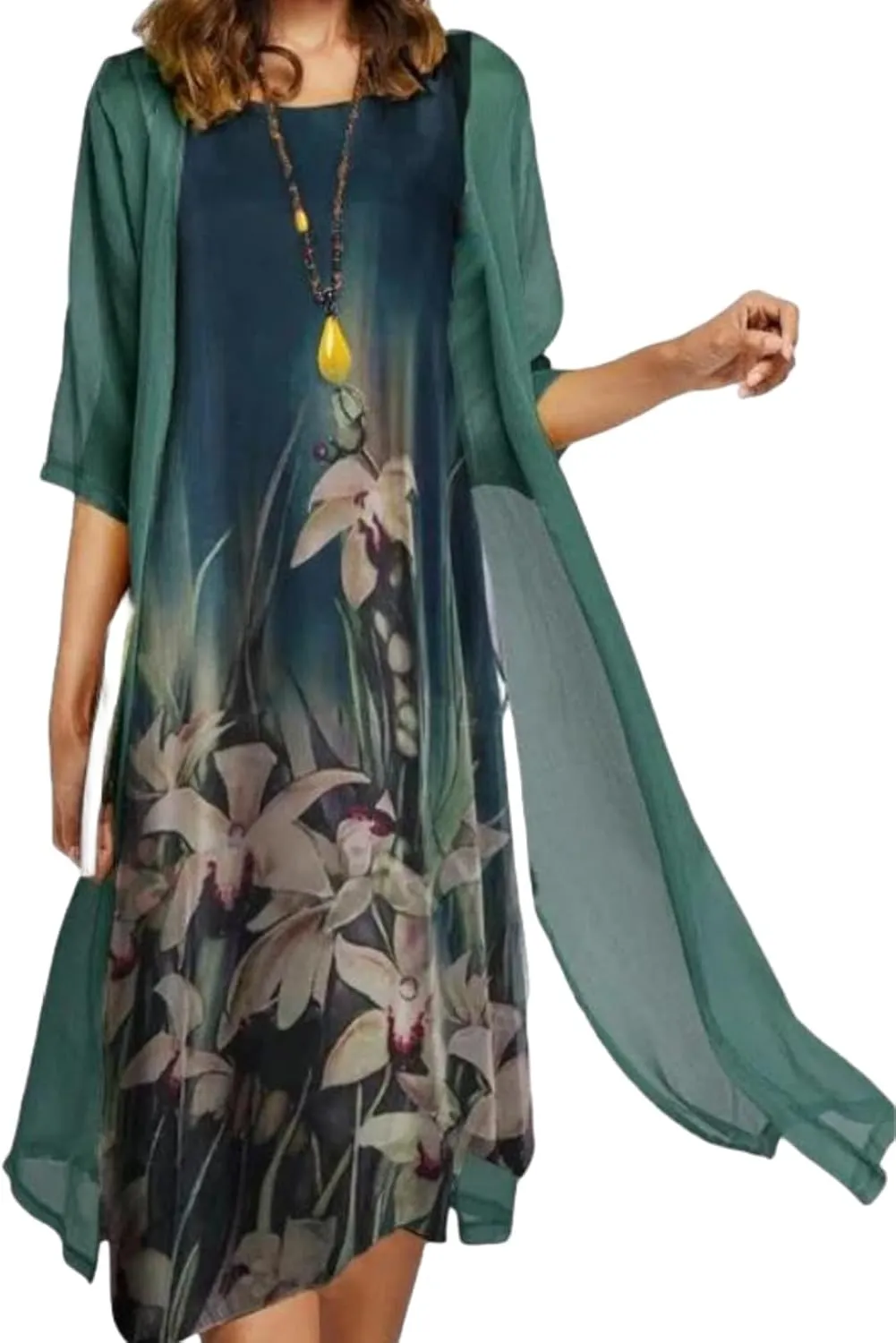 Women's Casual 2 Piece Sets Floral Printed Maxi Dress with Cardigan Set Chiffon Wedding Guest Cocktail Dresses