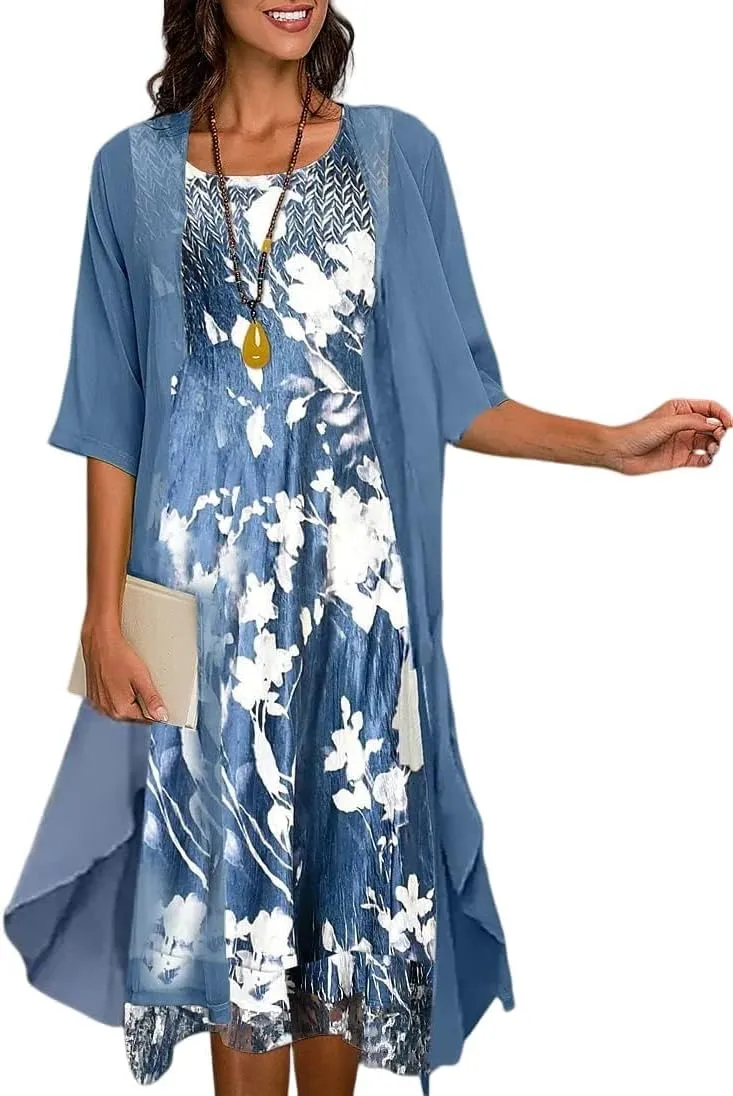 Women's Casual 2 Piece Sets Floral Printed Maxi Dress with Cardigan Set Chiffon Wedding Guest Cocktail Dresses