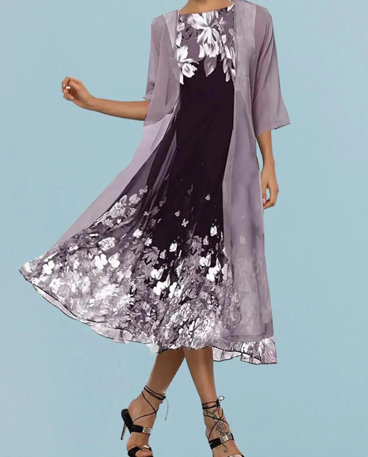 Women's Casual 2 Piece Sets Floral Printed Maxi Dress with Cardigan Set Chiffon Wedding Guest Cocktail Dresses