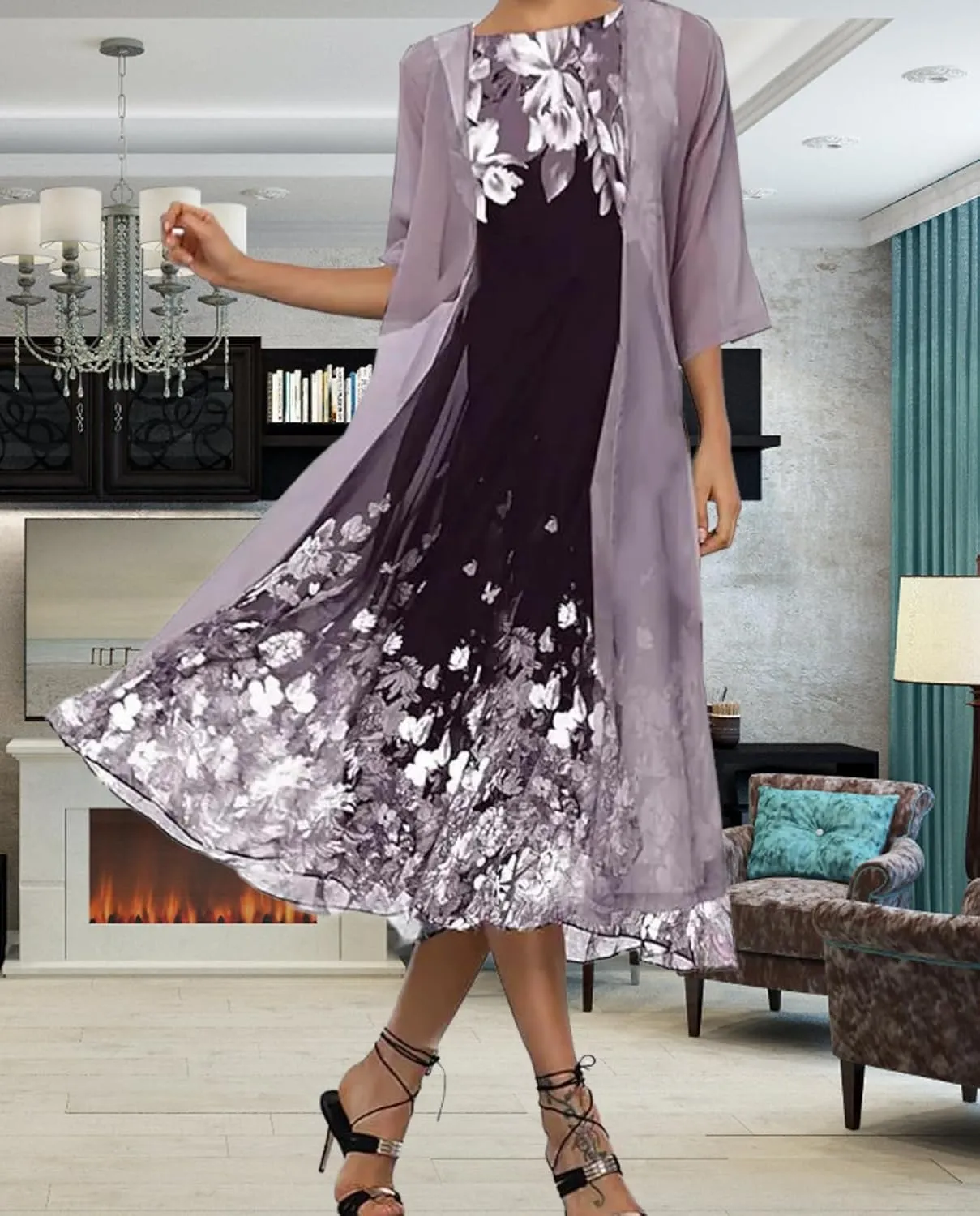 Women's Casual 2 Piece Sets Floral Printed Maxi Dress with Cardigan Set Chiffon Wedding Guest Cocktail Dresses