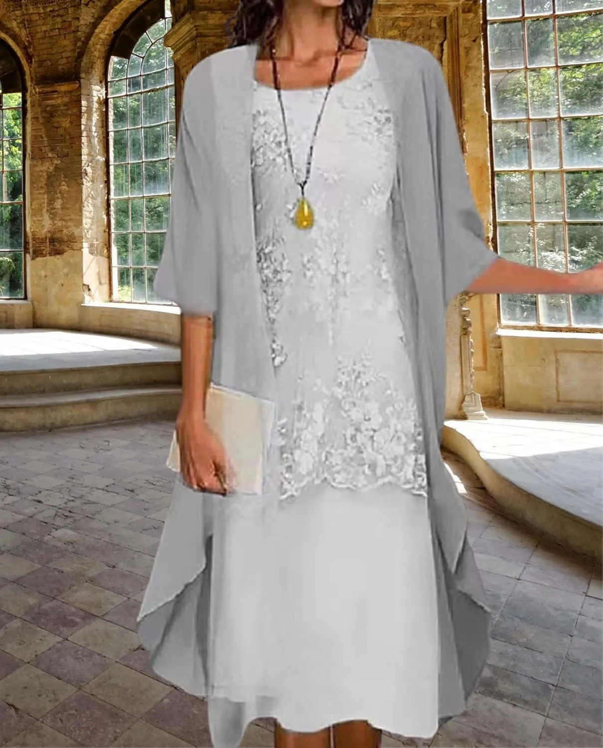 Women's Casual 2 Piece Sets Floral Printed Maxi Dress with Cardigan Set Chiffon Wedding Guest Cocktail Dresses