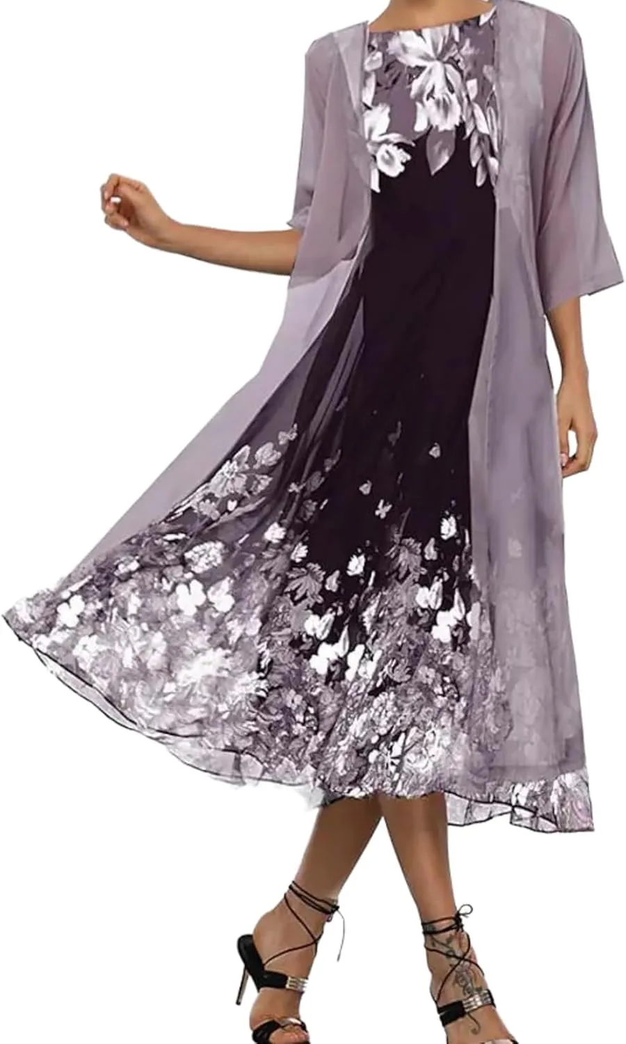 Women's Casual 2 Piece Sets Floral Printed Maxi Dress with Cardigan Set Chiffon Wedding Guest Cocktail Dresses