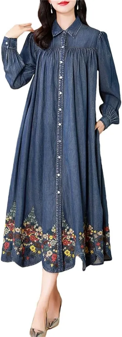Women's Casual Button Down Tunic Maxi Denim Dress Turn Down Collar Long Sleeve Flower Embroidery Dress