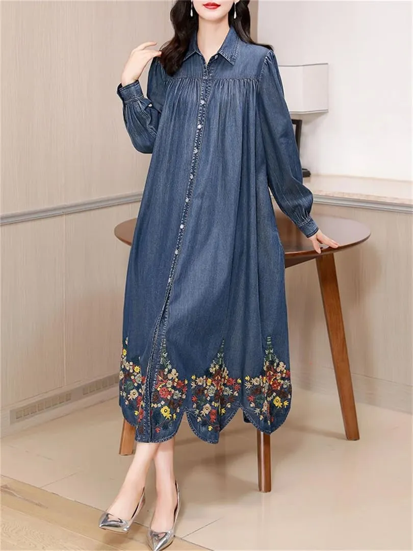 Women's Casual Button Down Tunic Maxi Denim Dress Turn Down Collar Long Sleeve Flower Embroidery Dress