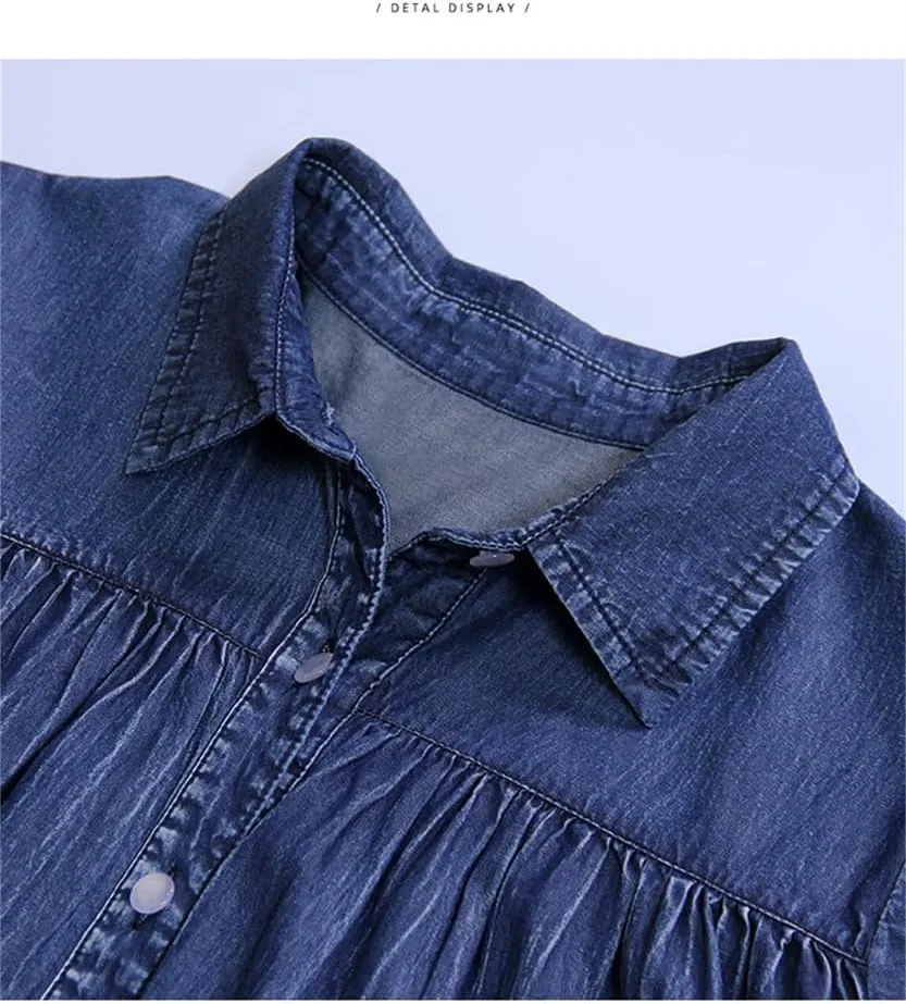 Women's Casual Button Down Tunic Maxi Denim Dress Turn Down Collar Long Sleeve Flower Embroidery Dress