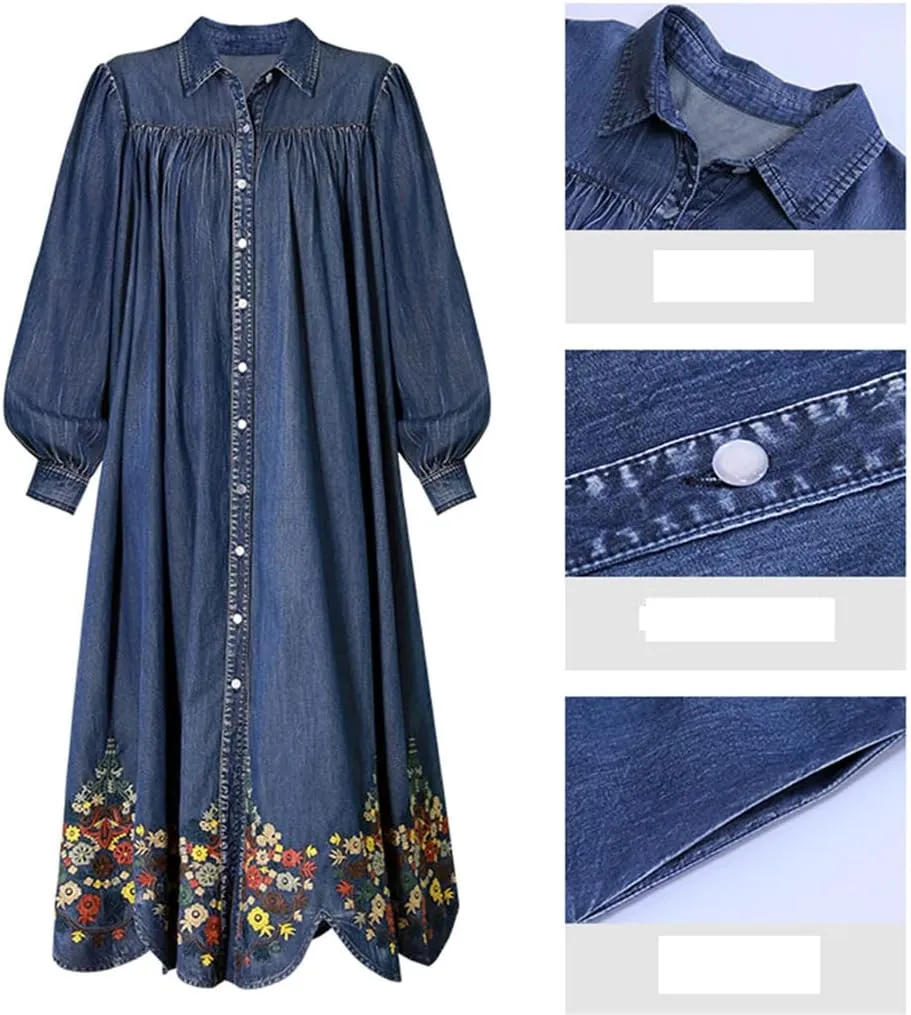 Women's Casual Button Down Tunic Maxi Denim Dress Turn Down Collar Long Sleeve Flower Embroidery Dress