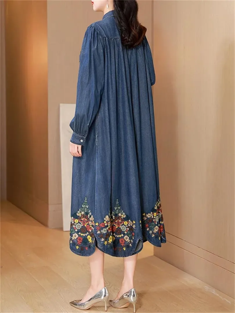 Women's Casual Button Down Tunic Maxi Denim Dress Turn Down Collar Long Sleeve Flower Embroidery Dress