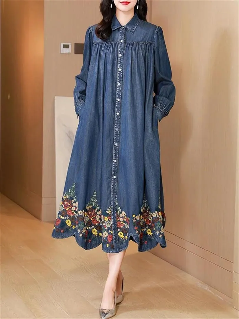 Women's Casual Button Down Tunic Maxi Denim Dress Turn Down Collar Long Sleeve Flower Embroidery Dress