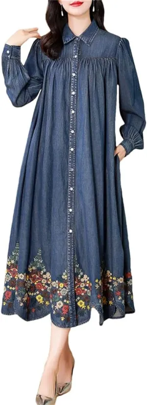 Women's Casual Button Down Tunic Maxi Denim Dress Turn Down Collar Long Sleeve Flower Embroidery Dress