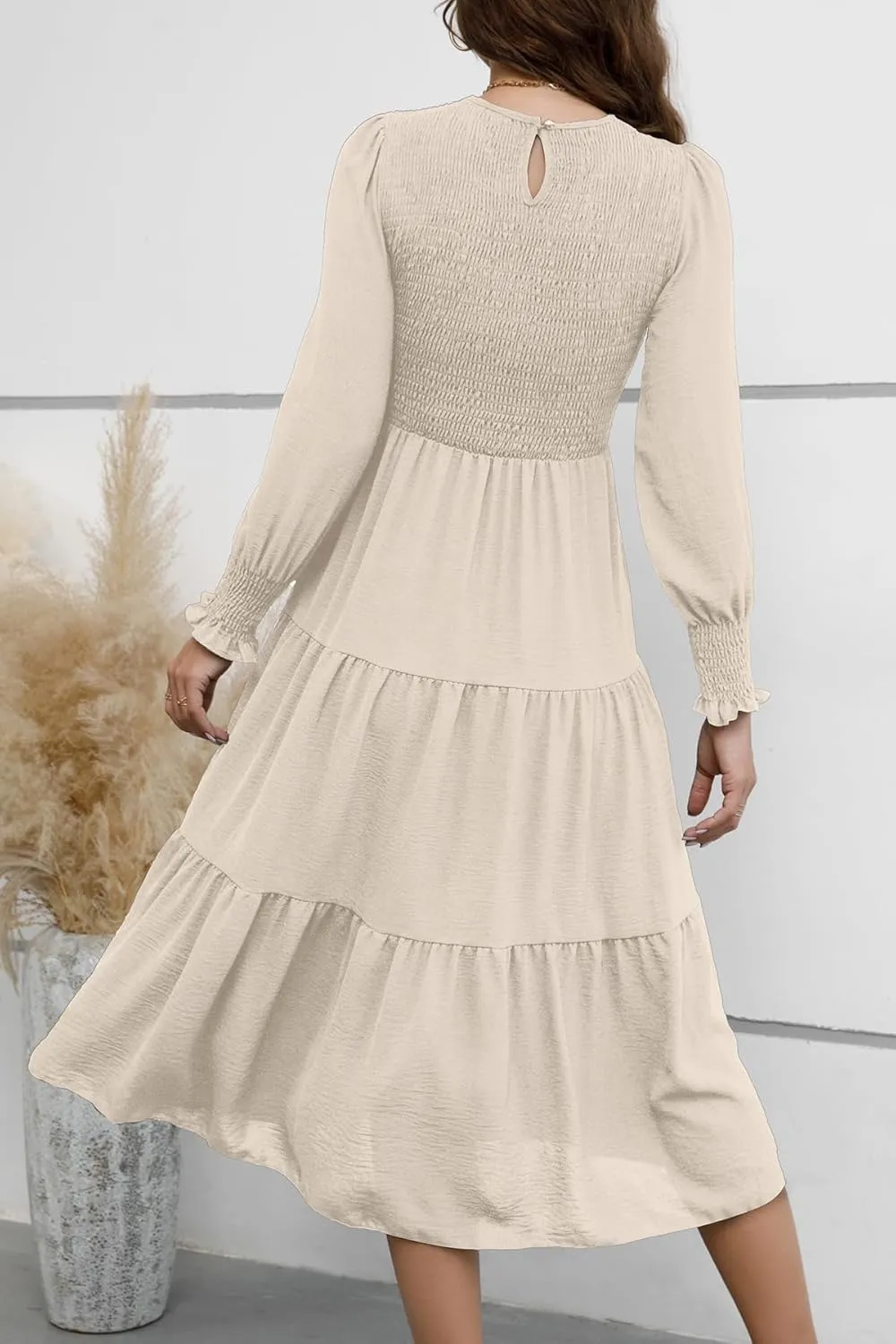 Women's Casual Long Sleeve Fall Dress Crew Neck Smocked Hight Waist Flowy Maxi Tiered Dresses