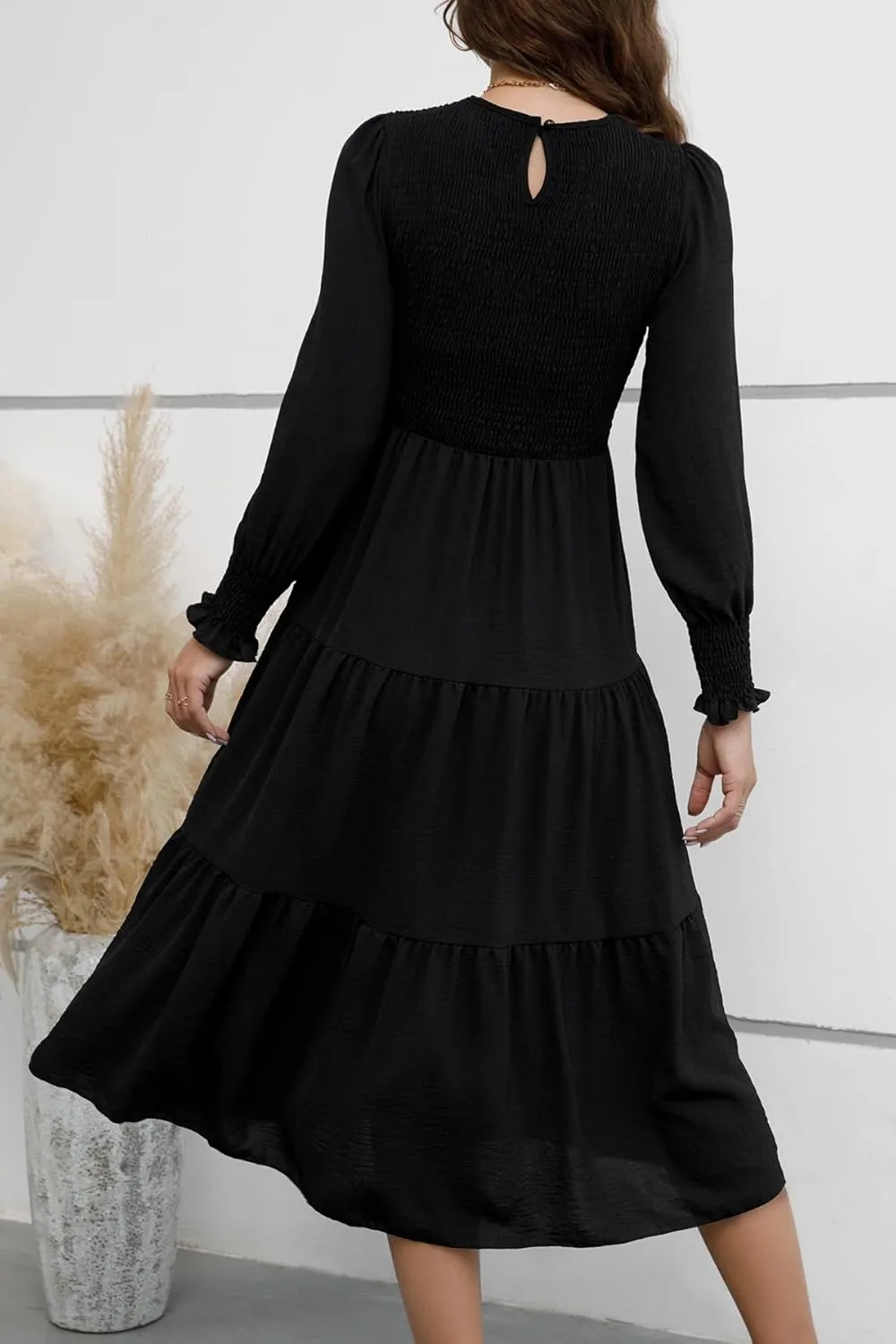 Women's Casual Long Sleeve Fall Dress Crew Neck Smocked Hight Waist Flowy Maxi Tiered Dresses