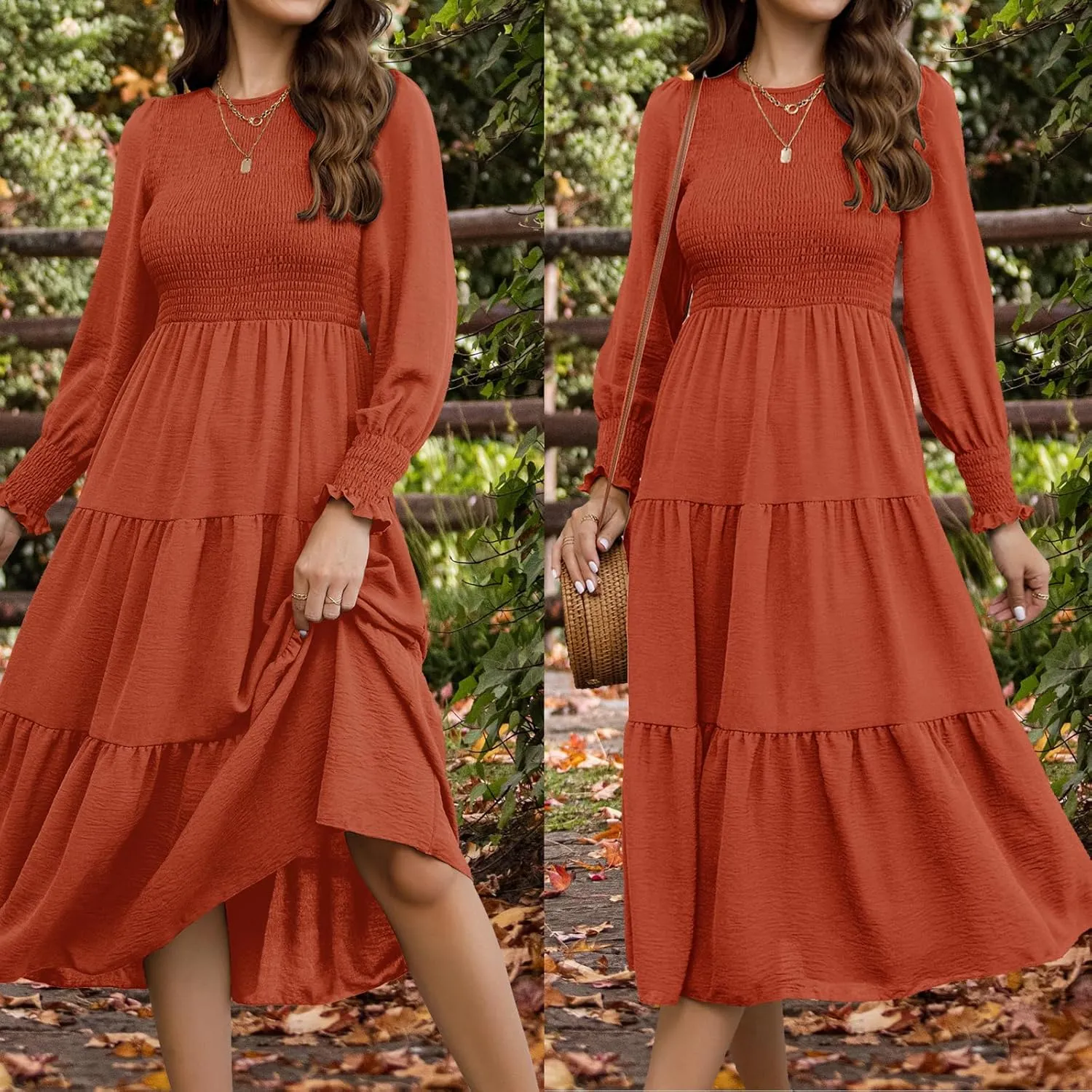 Women's Casual Long Sleeve Fall Dress Crew Neck Smocked Hight Waist Flowy Maxi Tiered Dresses