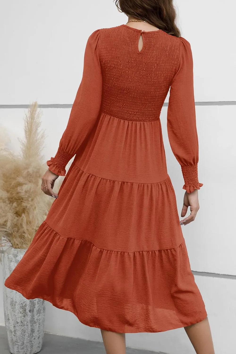 Women's Casual Long Sleeve Fall Dress Crew Neck Smocked Hight Waist Flowy Maxi Tiered Dresses