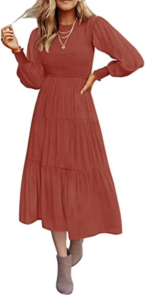 Women's Casual Long Sleeve Fall Dress Crew Neck Smocked Hight Waist Flowy Maxi Tiered Dresses