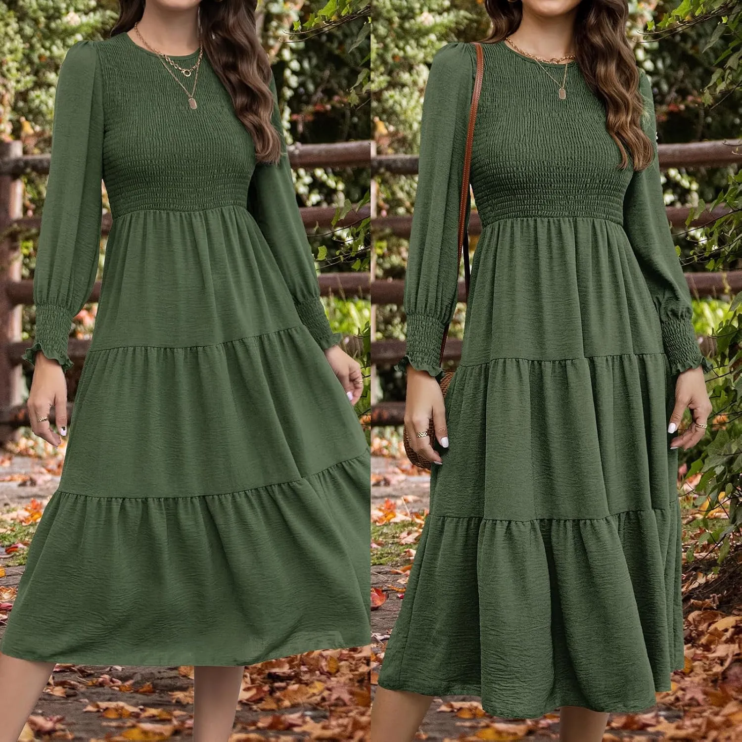 Women's Casual Long Sleeve Fall Dress Crew Neck Smocked Hight Waist Flowy Maxi Tiered Dresses