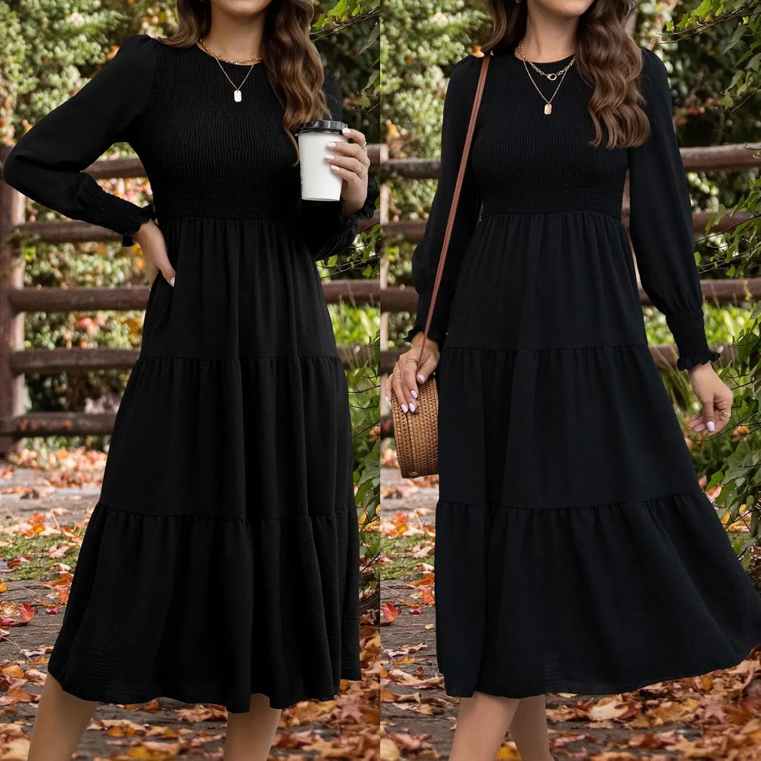 Women's Casual Long Sleeve Fall Dress Crew Neck Smocked Hight Waist Flowy Maxi Tiered Dresses
