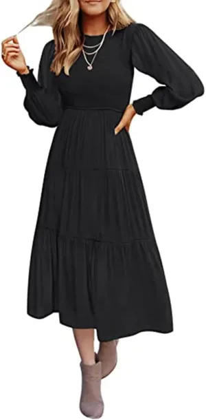 Women's Casual Long Sleeve Fall Dress Crew Neck Smocked Hight Waist Flowy Maxi Tiered Dresses