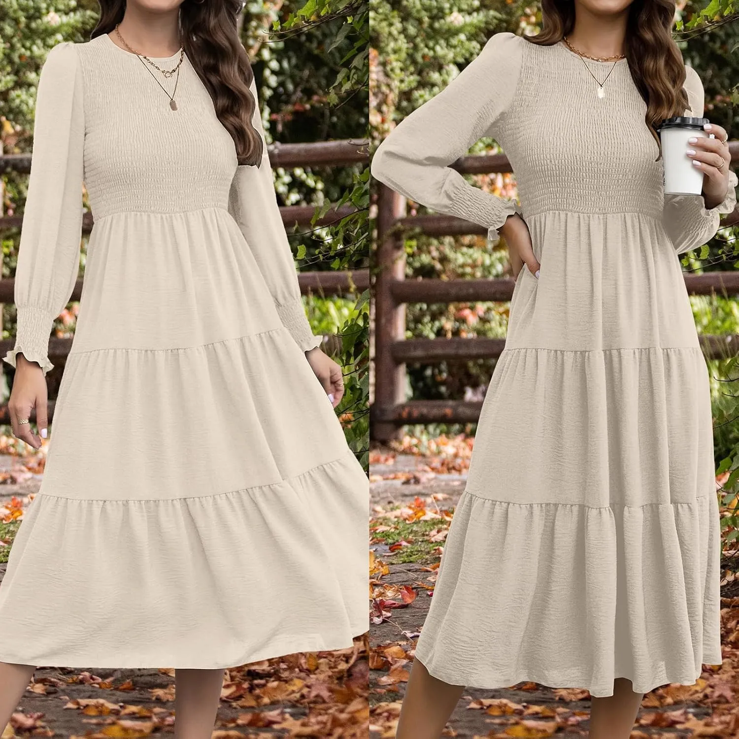 Women's Casual Long Sleeve Fall Dress Crew Neck Smocked Hight Waist Flowy Maxi Tiered Dresses