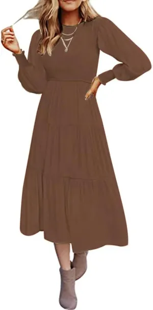 Women's Casual Long Sleeve Fall Dress Crew Neck Smocked Hight Waist Flowy Maxi Tiered Dresses