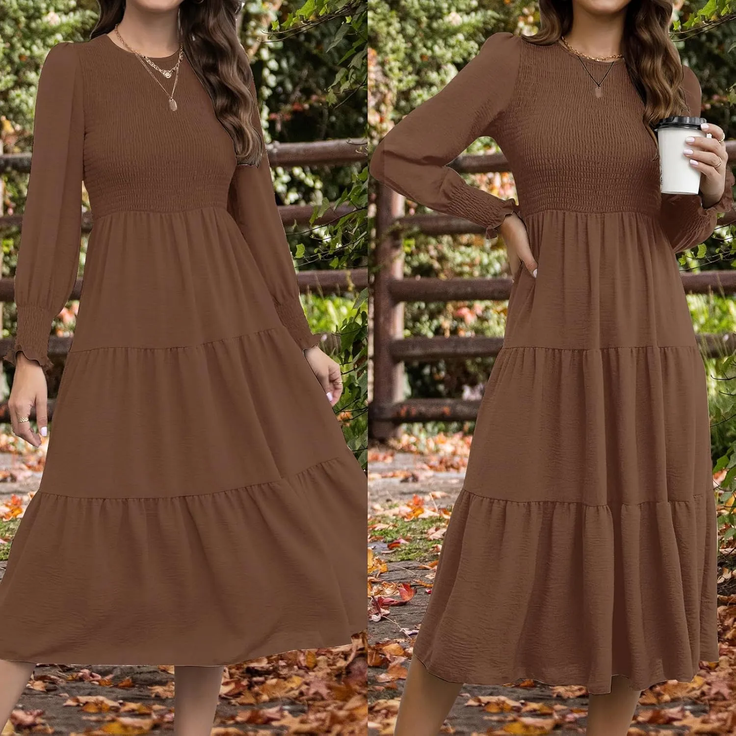 Women's Casual Long Sleeve Fall Dress Crew Neck Smocked Hight Waist Flowy Maxi Tiered Dresses