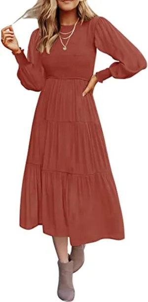 Women's Casual Long Sleeve Fall Dress Crew Neck Smocked Hight Waist Flowy Maxi Tiered Dresses