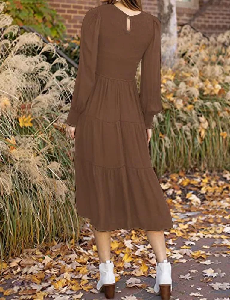 Women's Casual Long Sleeve Fall Dress Crew Neck Smocked Hight Waist Flowy Maxi Tiered Dresses