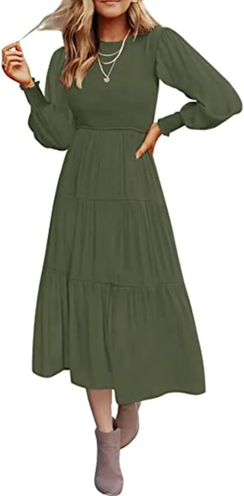 Women's Casual Long Sleeve Fall Dress Crew Neck Smocked Hight Waist Flowy Maxi Tiered Dresses