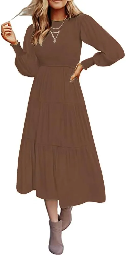 Women's Casual Long Sleeve Fall Dress Crew Neck Smocked Hight Waist Flowy Maxi Tiered Dresses