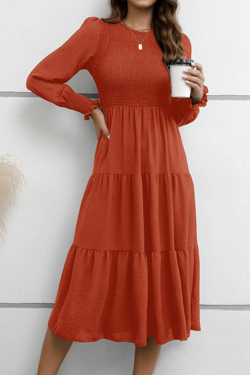 Women's Casual Long Sleeve Fall Dress Crew Neck Smocked Hight Waist Flowy Maxi Tiered Dresses