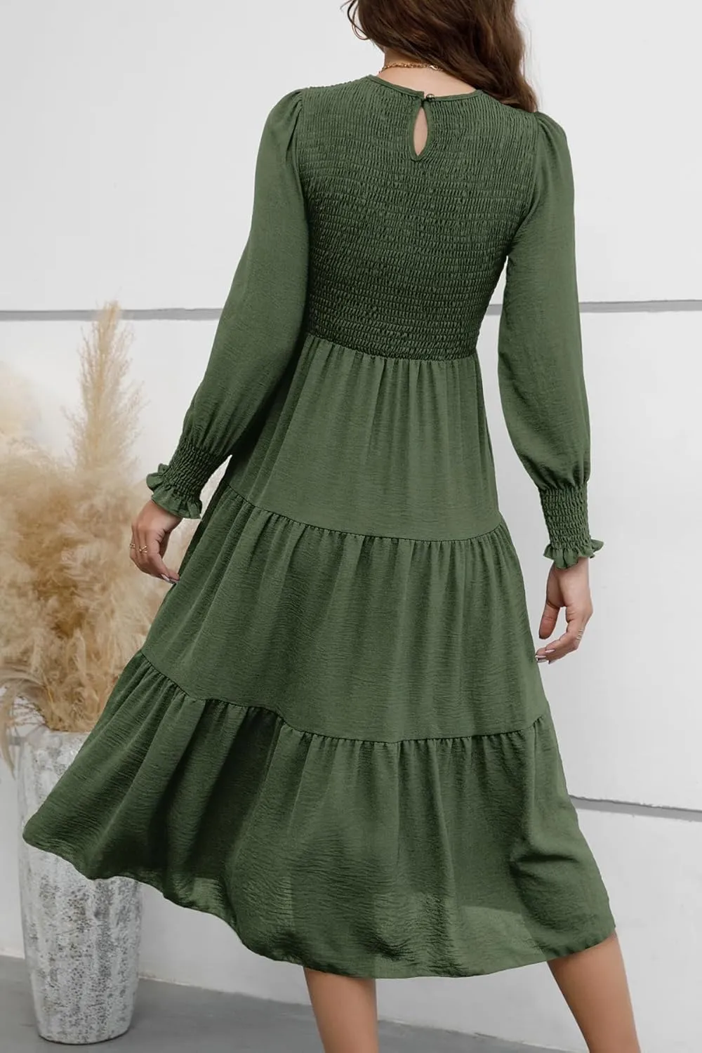 Women's Casual Long Sleeve Fall Dress Crew Neck Smocked Hight Waist Flowy Maxi Tiered Dresses