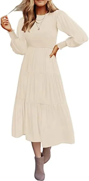 Women's Casual Long Sleeve Fall Dress Crew Neck Smocked Hight Waist Flowy Maxi Tiered Dresses