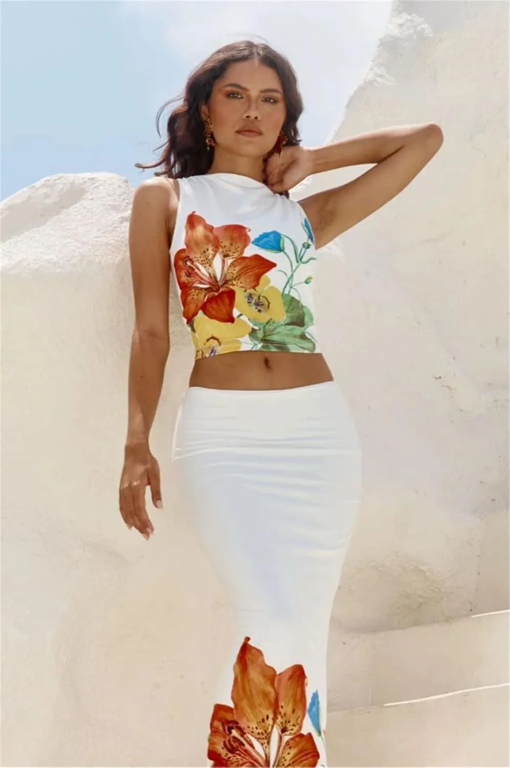 Womens Casual Maxi Skirt Outfits Floral Print Sleeveless Top Maxi Skirts Vacation Going Out Outfits