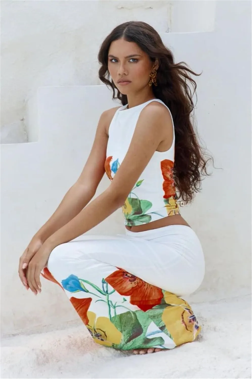 Womens Casual Maxi Skirt Outfits Floral Print Sleeveless Top Maxi Skirts Vacation Going Out Outfits