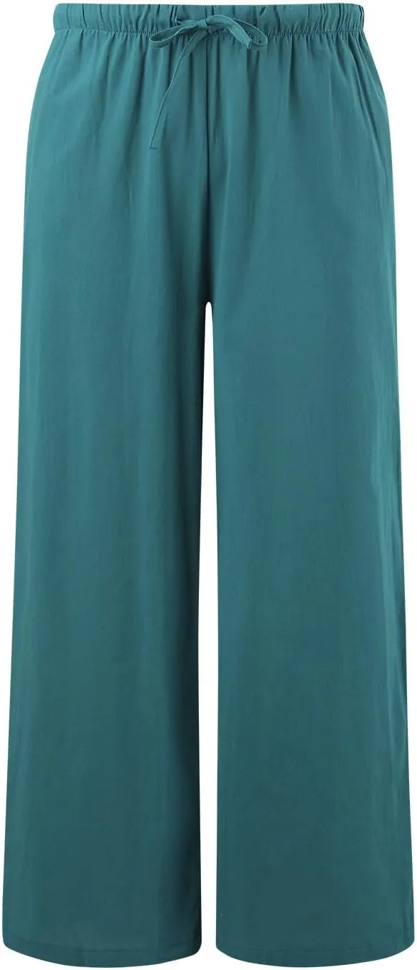 Women's Cotton Linen Summer Palazzo Pants Flowy Wide Leg Beach Trousers Drawstring Elastic Waist Casual Baggy Slacks