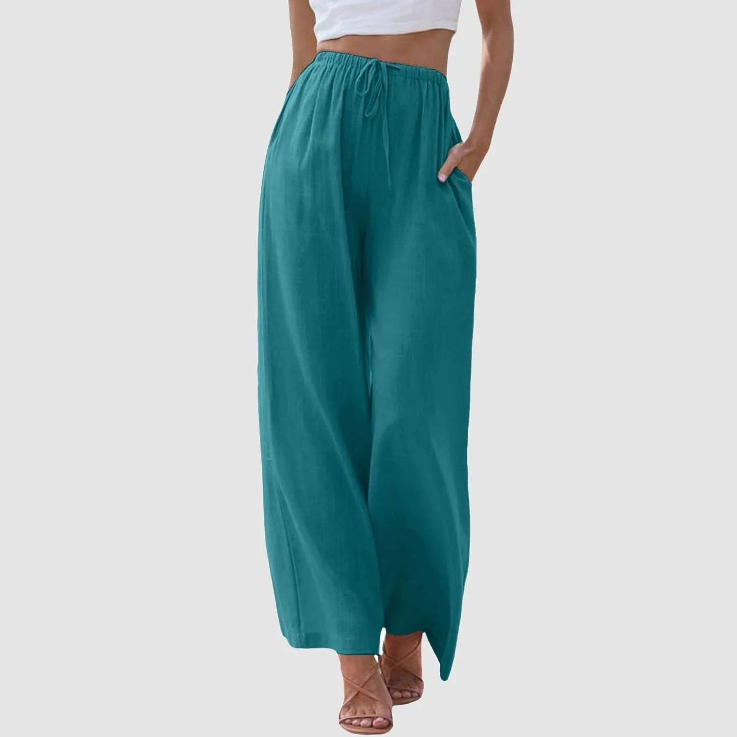 Women's Cotton Linen Summer Palazzo Pants Flowy Wide Leg Beach Trousers Drawstring Elastic Waist Casual Baggy Slacks