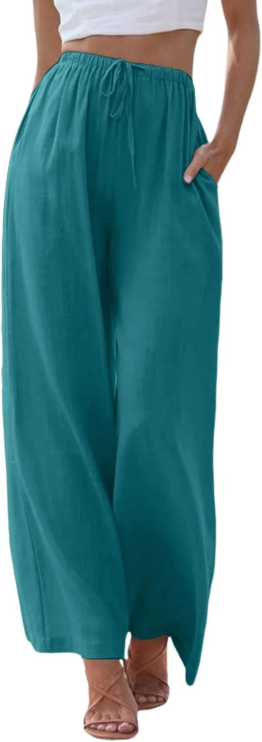 Women's Cotton Linen Summer Palazzo Pants Flowy Wide Leg Beach Trousers Drawstring Elastic Waist Casual Baggy Slacks